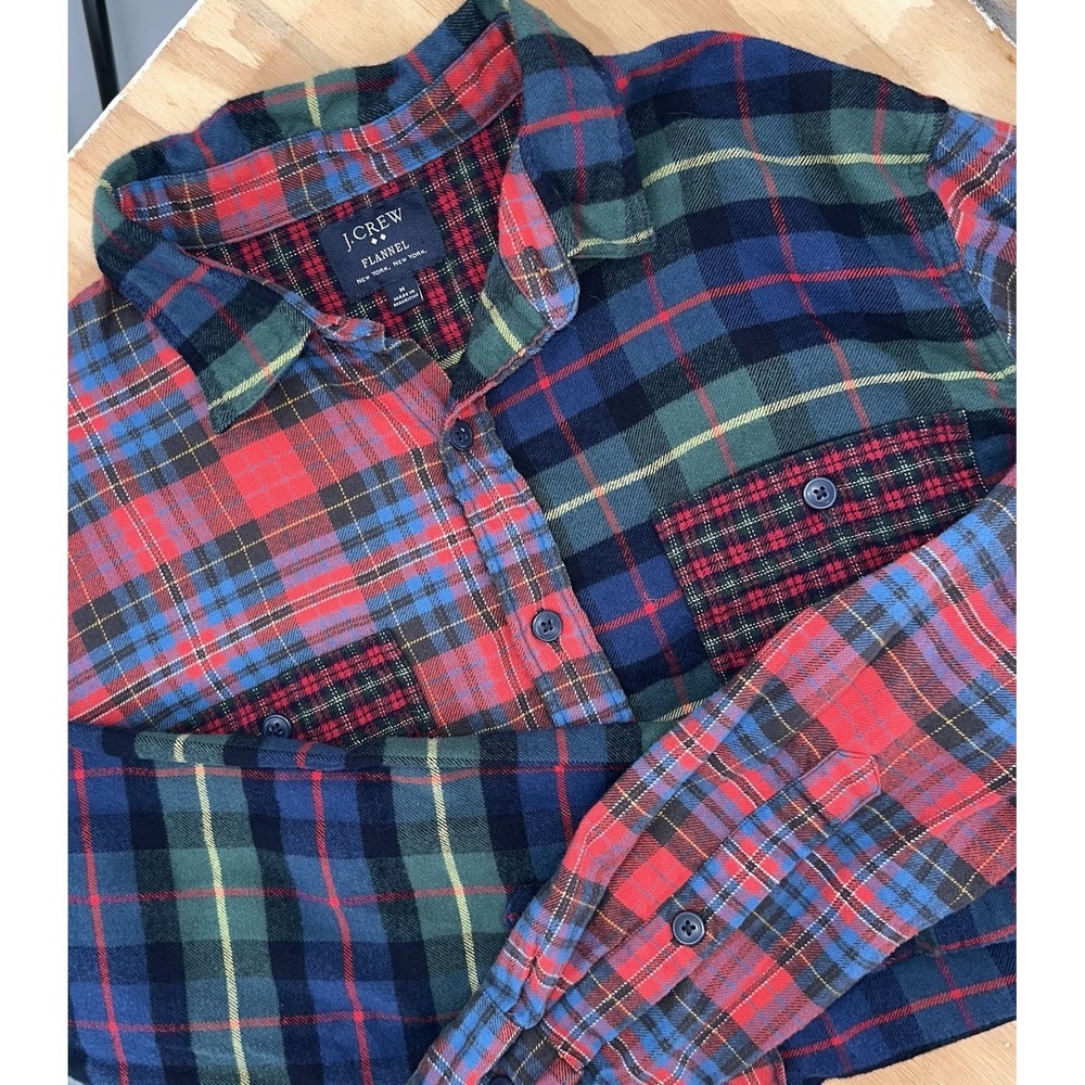 J‎ Crew Mens Medium Patchwork Plaid Tartan Flannel Button Up Long Sleeve Pocket